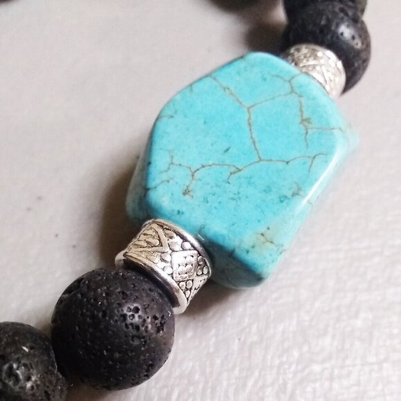 Turquoise Howlite & Black Lava Rock Bracelet! Thick, Solid & Chunky Stone Beads - Picture 2 of 8